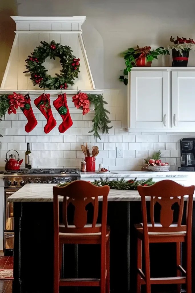 Farmhouse Kitchen Range Hood Dressed with Wreath and Stockings Farmhouse Kitchen Range Hood Dressed with Wreath and Stockings — Christmas Kitchen Decor