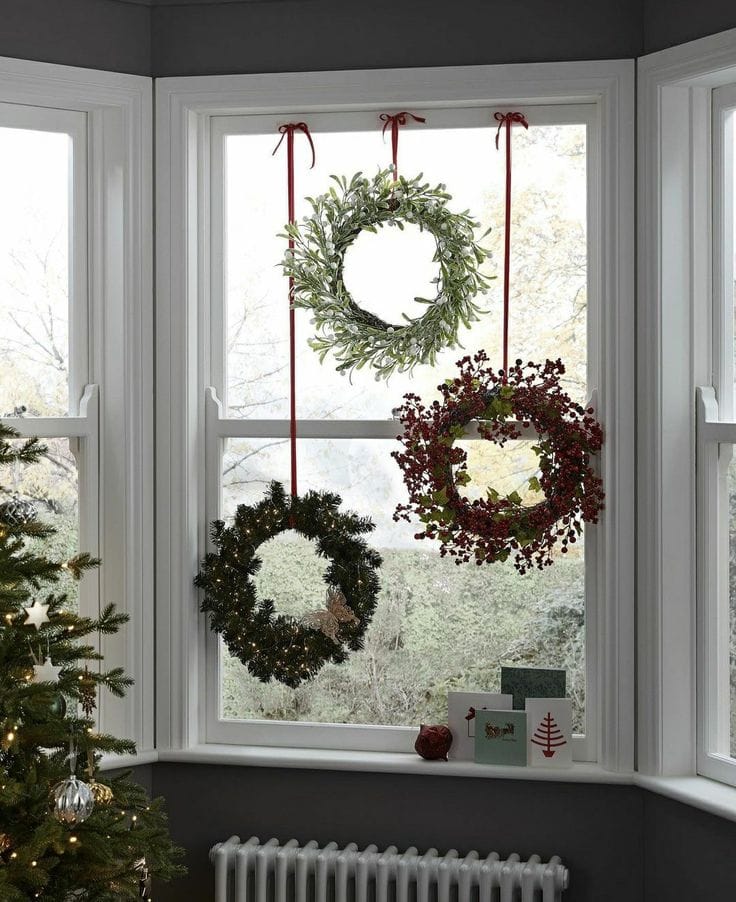 Bay Window Display with Evergreen and Berry Wreaths — Christmas Window Wreaths