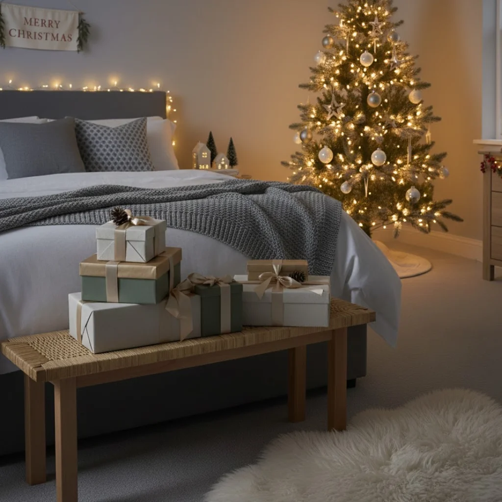 Cozy Evening Christmas Bedroom with Gifts and Fairy Lights Cozy Evening Christmas Bedroom with Gifts and Fairy Lights — Christmas Bedroom Decor