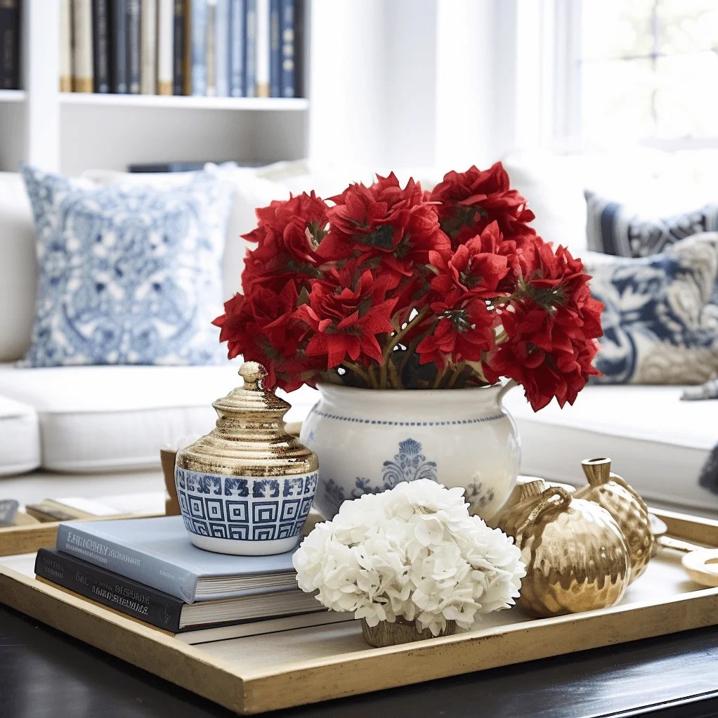 Elegant Tray Vignette with Vibrant Red Flowers Elegant Tray Vignette with Vibrant Red Flowers — Elegant Christmas Decor
