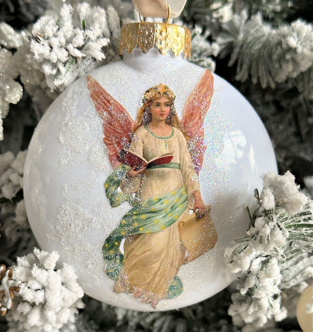 Vintage Angel Ornament with Glitter on Flocked Branches — Vintage Christmas Decor