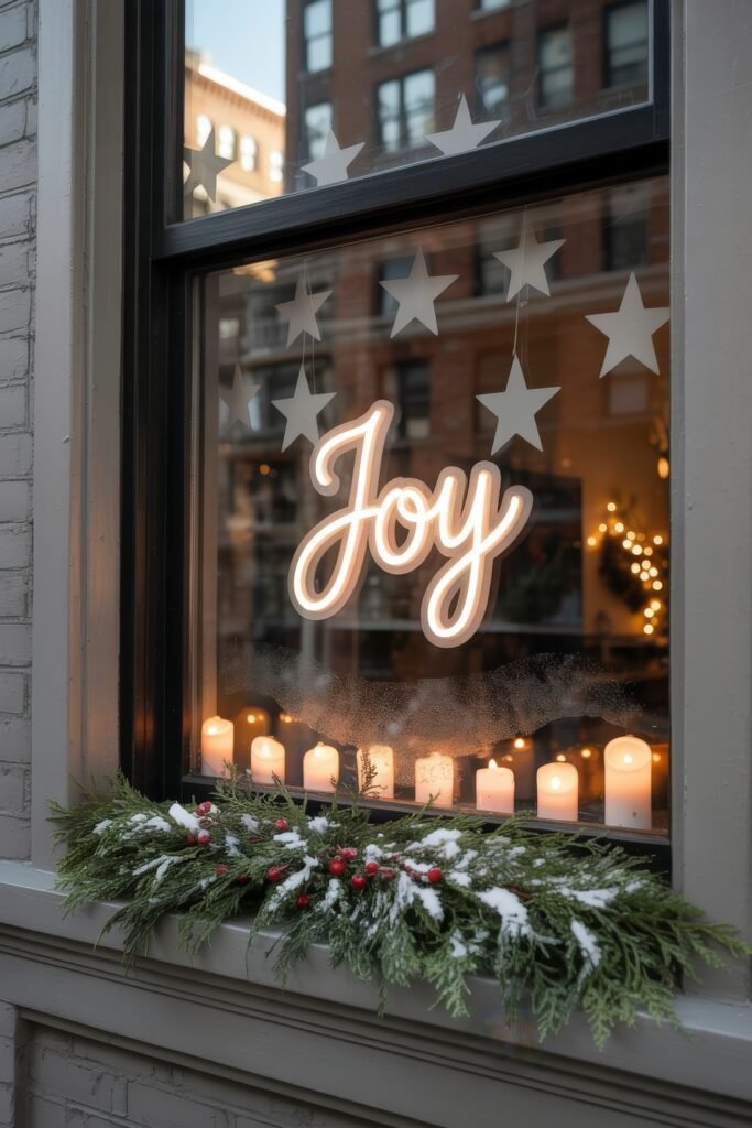 Modern Window Box with Evergreen Garland and Neon 'Joy' Sign — Christmas Window Decor Outdoor