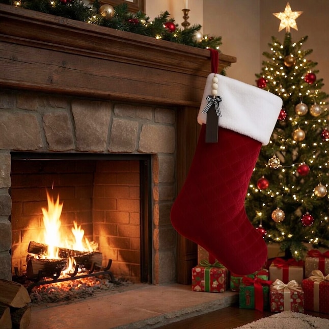Single Quilted Red Velvet Stocking on Stone Mantel — Christmas Stockings Display