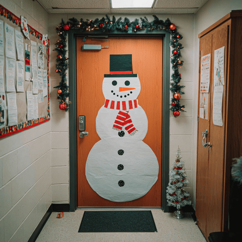 Large Snowman Door Decoration with Garland — Christmas Classroom Decor