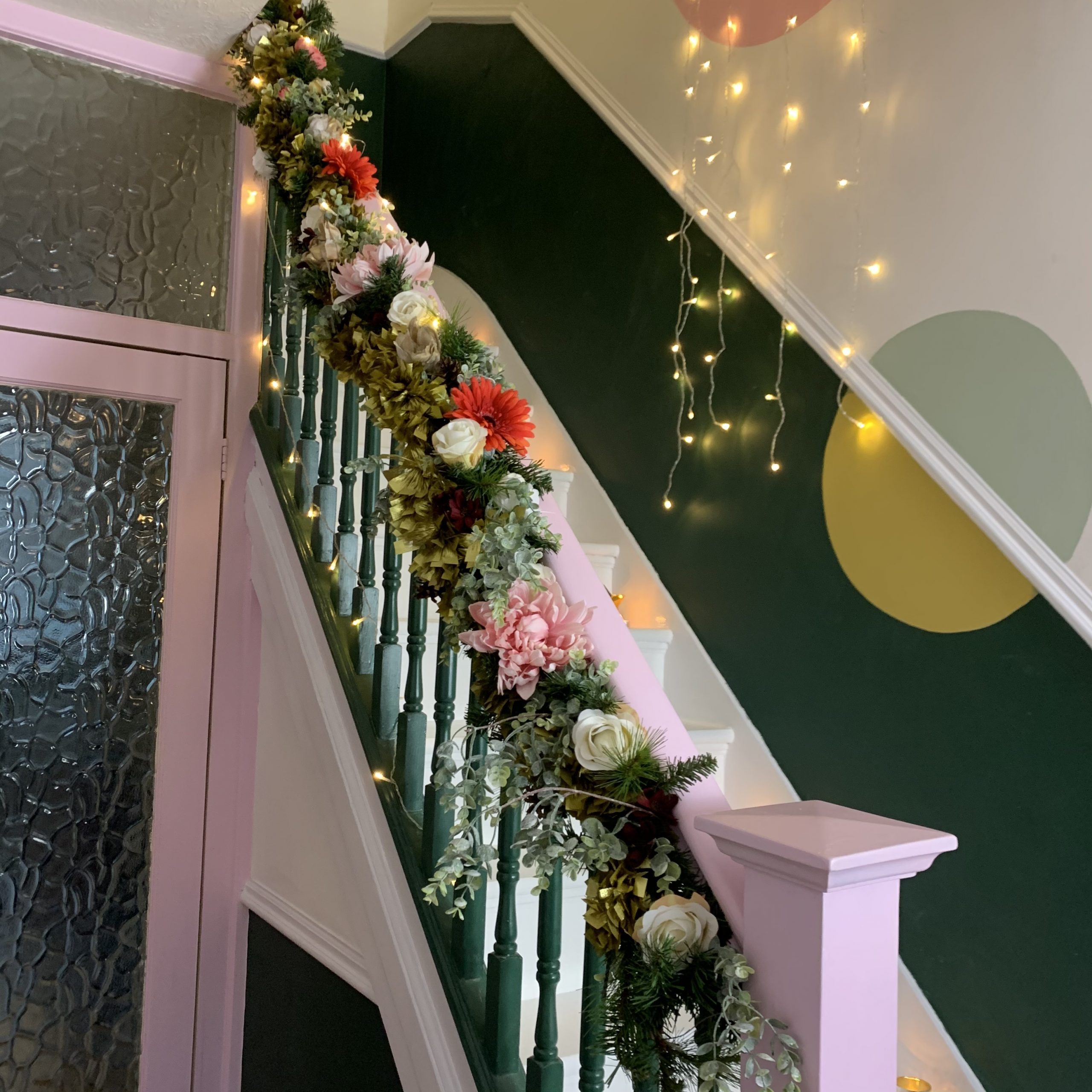 Whimsical Garland on a Pink Banister Whimsical Garland on a Pink Banister — Christmas Stair Garland