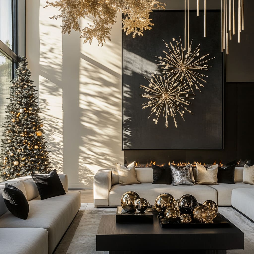 Contemporary Black Christmas Tree with Gold Starburst Wall Art Contemporary Black Christmas Tree with Gold Starburst Wall Art — Black and Gold Christmas Tree