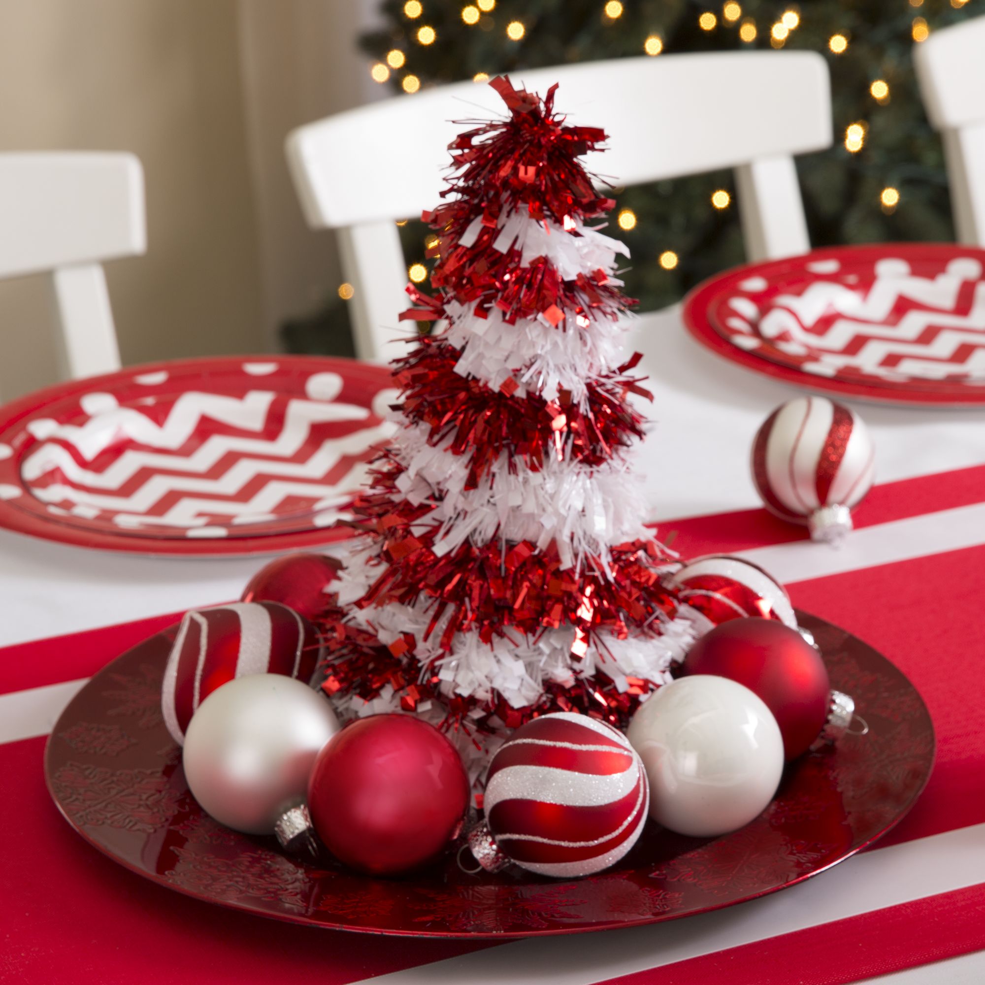 Miniature Tinsel Tree as a Cheerful Dining Table Centerpiece — Candy Cane Christmas Tree