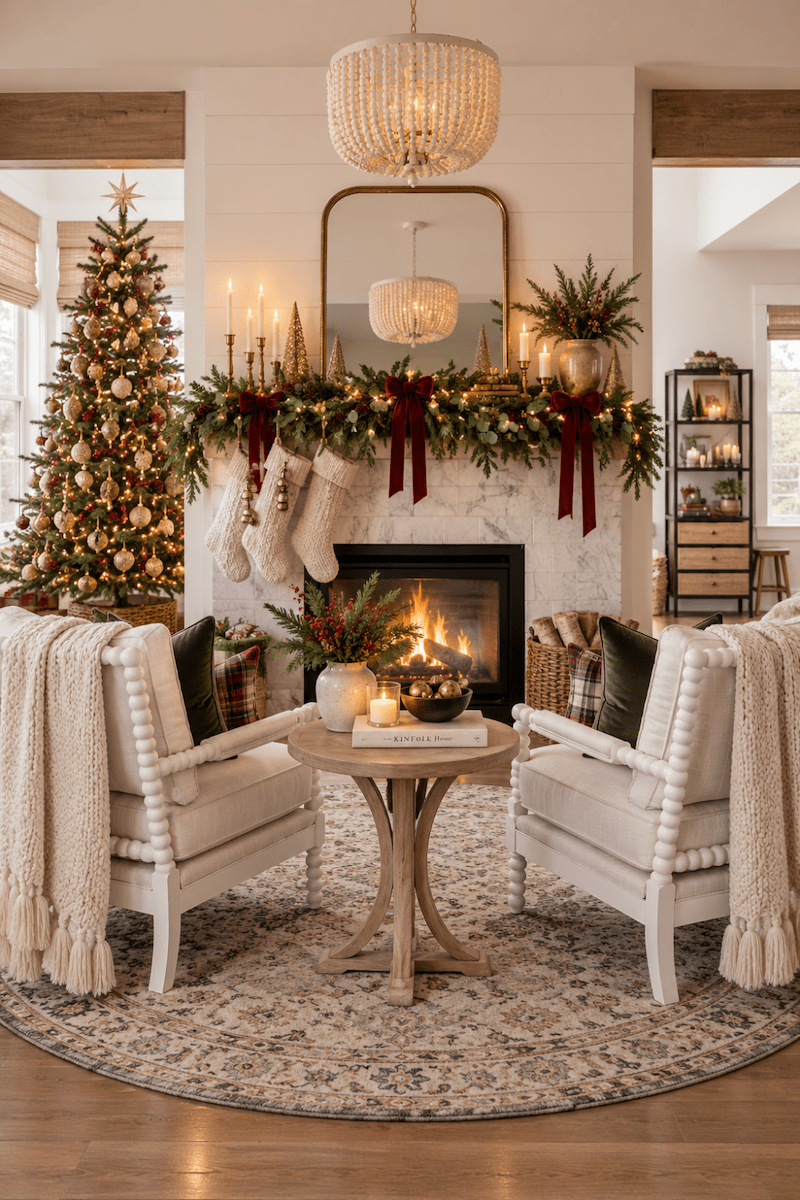 Cozy Living Room with Symmetrical Fireplace Mantel Decor Cozy Living Room with Symmetrical Fireplace Mantel Decor — Christmas Decor