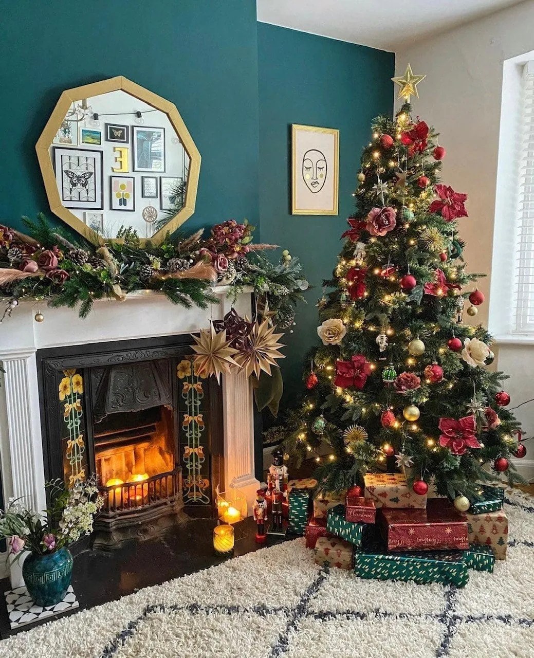 Eclectic Living Room Featuring a Red and Gold Tree and Fireplace — Red and Gold Christmas Tree