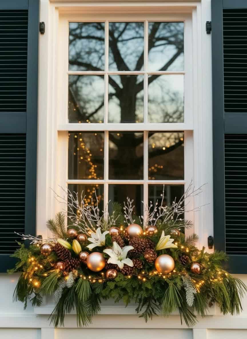 Festive Window Box with Evergreen, Pinecones, Gold Ornaments, and White Lilies — Christmas Window Decor Outdoor