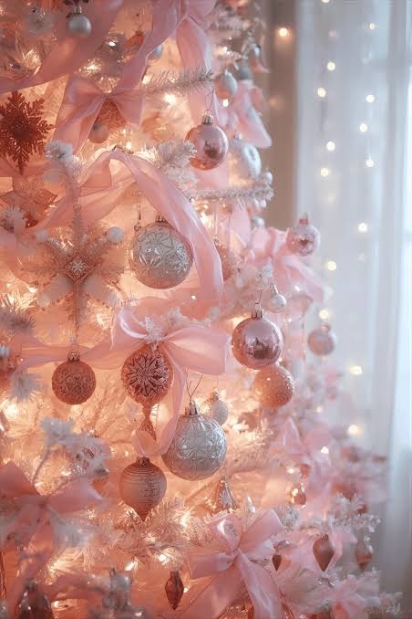 Dreamy White Flocked Tree with Pale Pink Satin Ribbons and Gold Ornaments Dreamy White Flocked Tree with Pale Pink Satin Ribbons and Gold Ornaments — Pink Christmas Decor