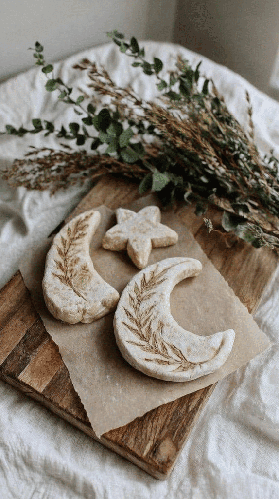 Boho Moon and Star Ornaments with Pressed Leaves Boho Moon and Star Ornaments with Pressed Leaves — Salt Dough Ornaments