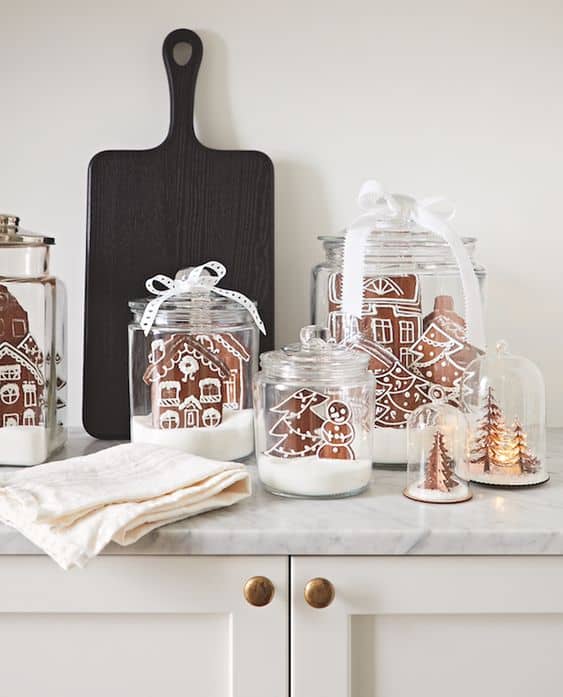Modern Farmhouse Kitchen Counter with Gingerbread Decorated Jars — Gingerbread Christmas Decor
