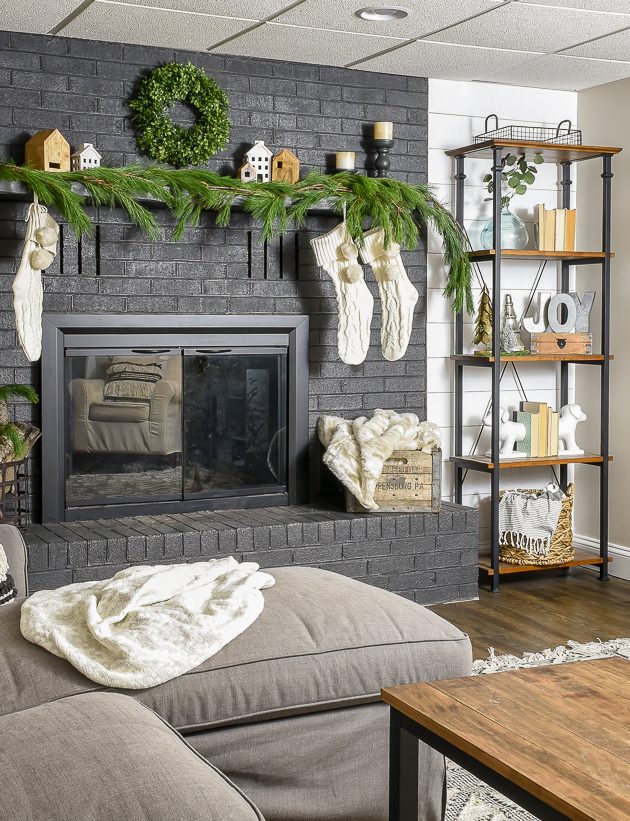 Dark Brick Farmhouse Mantel with Greenery and Rustic Shelving Dark Brick Farmhouse Mantel with Greenery and Rustic Shelving — Farmhouse Christmas Mantel