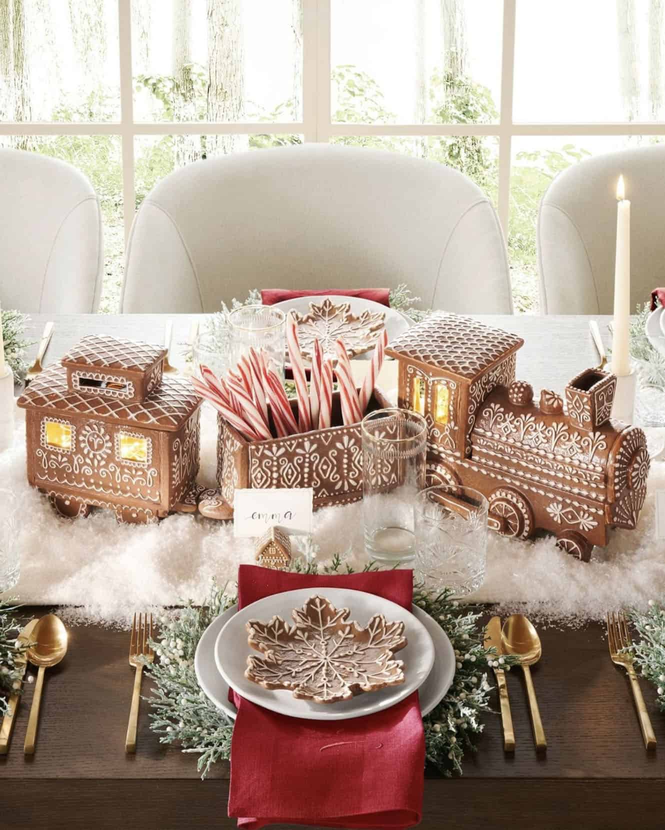Whimsical Christmas Dining Table Featuring a Gingerbread Train Whimsical Christmas Dining Table Featuring a Gingerbread Train — Christmas Dessert Table