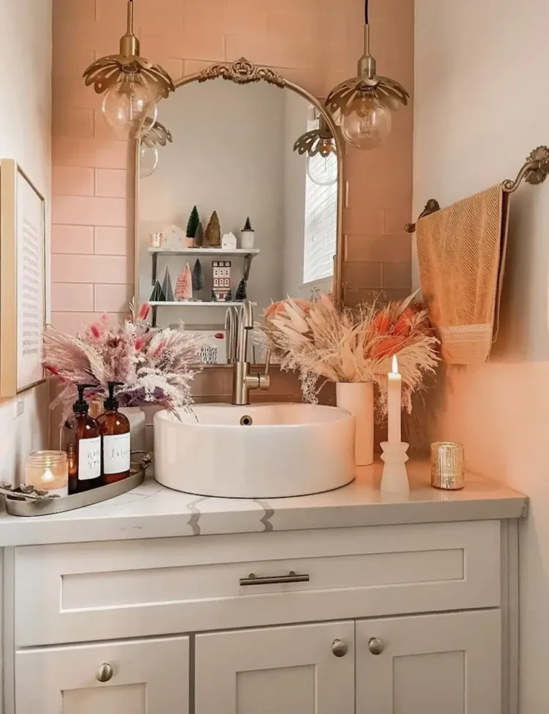 Modern Boho Vanity with Miniature Trees and Candles — Christmas Bathroom Decor