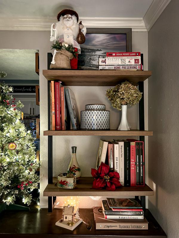 Cozy Bookshelf Display with Santa Figurine and Dried Flowers Cozy Bookshelf Display with Santa Figurine and Dried Flowers — Christmas Bookshelf Decor