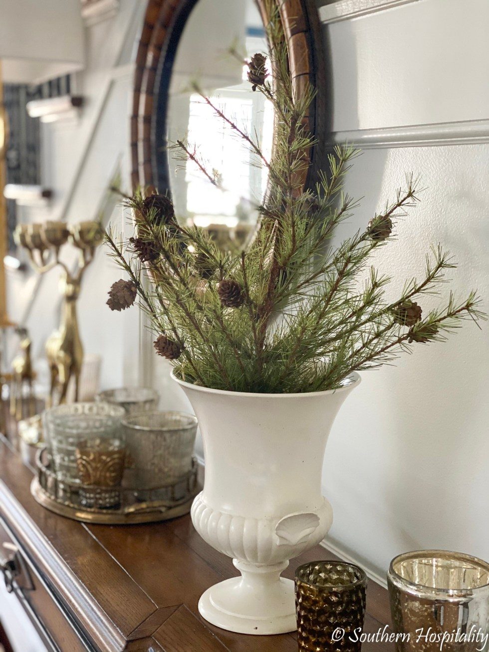 Elegant Mantelpiece with Pine Branches and Mercury Glass Votives — Winter Decor After Christmas