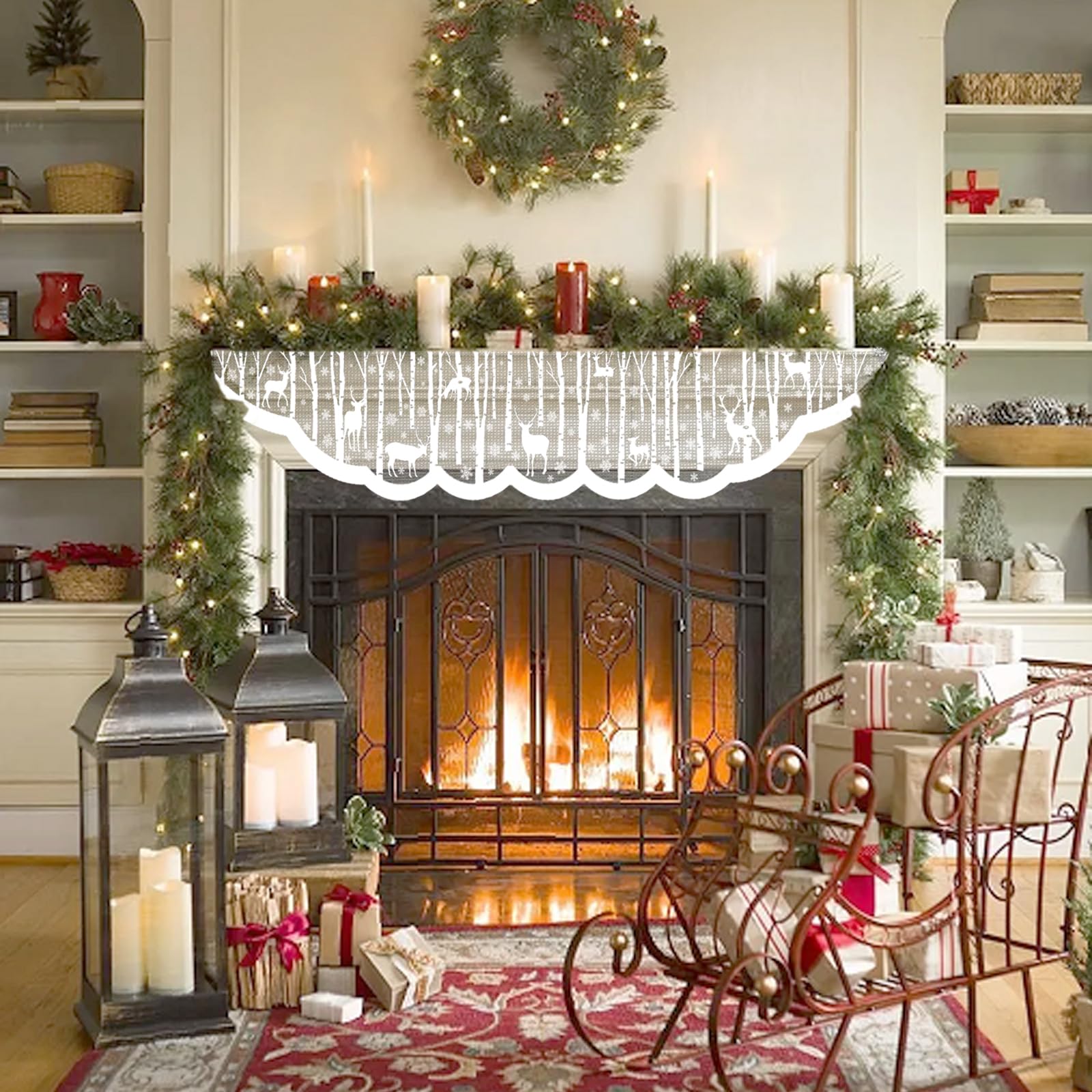 Traditional Fireplace with White Lace Runner and Candles Traditional Fireplace with White Lace Runner and Candles — Christmas Fireplace Decor