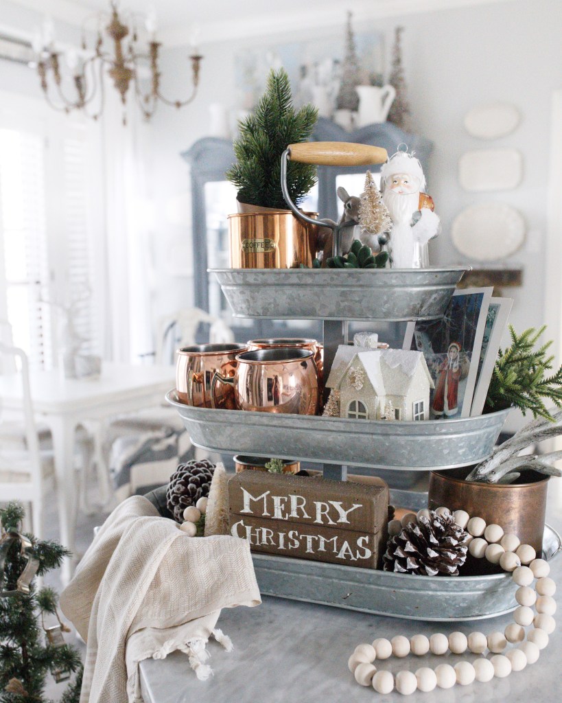 Three-Tier Galvanized Metal Tray Laden with Festive Decor — Christmas Tiered Tray