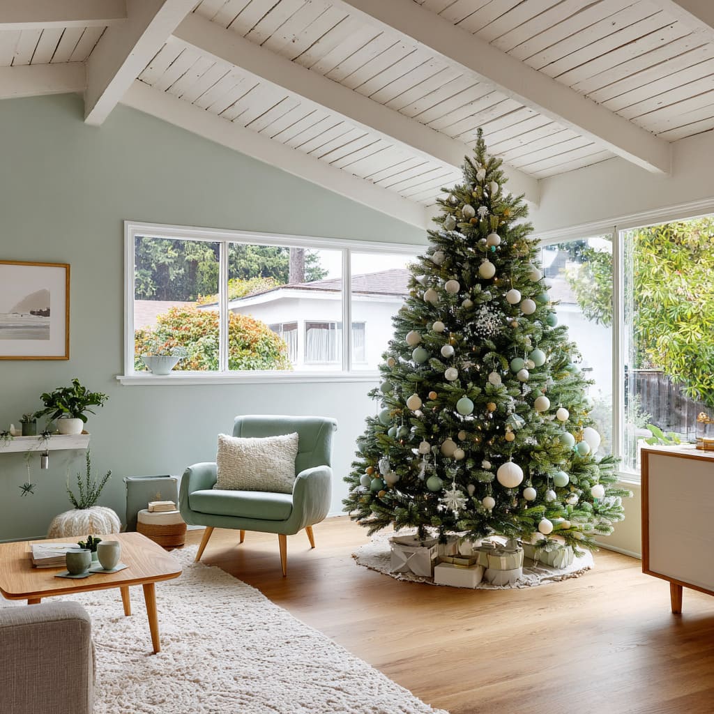 Wide Room Shot Modern Living Room with Sage Green and White Tree — Sage Green Christmas Decor