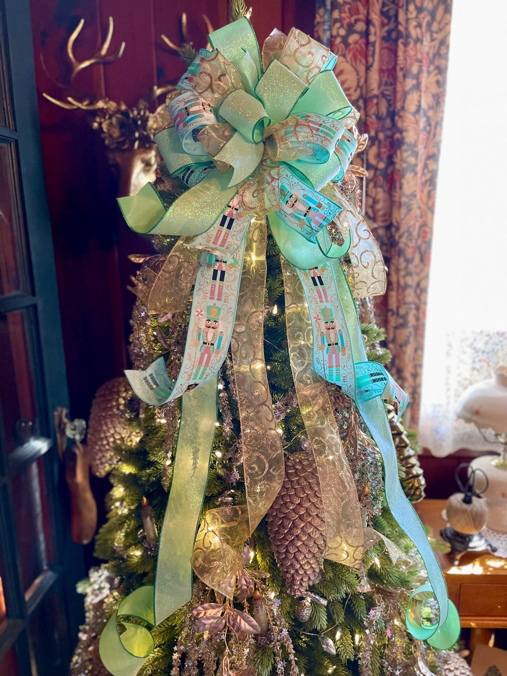 Whimsical Mint Green and Gold Nutcracker Bow Topper — Bow Christmas Tree Topper