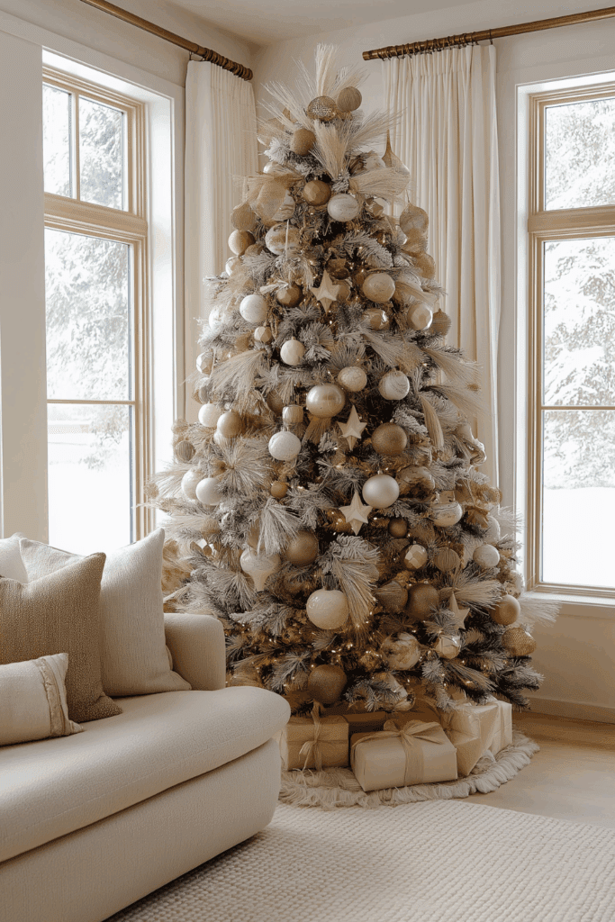 Organic Modern Living Room with a Large Neutral Christmas Tree