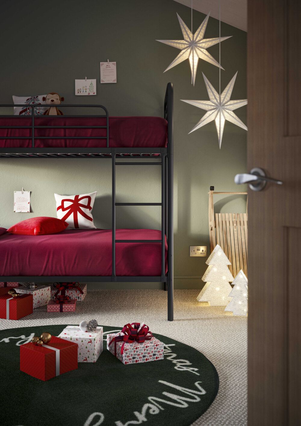 Bunk Beds Dressed for Christmas with Star Lanterns — Kids Bedroom Christmas Decor