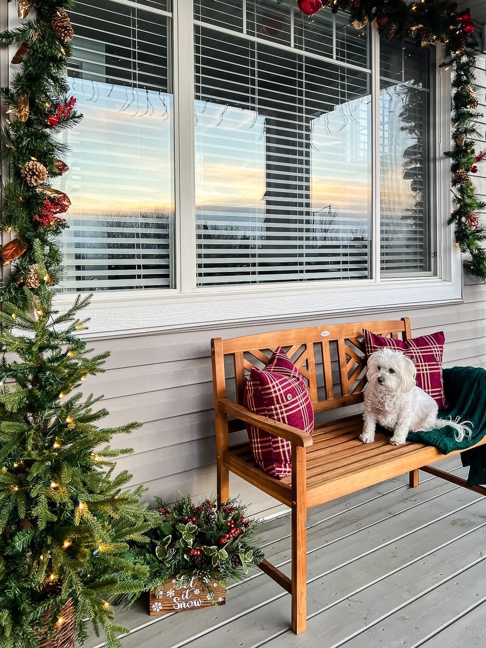 Charming Bench Scene with Mini Tree and a Furry Friend Charming Bench Scene with Mini Tree and a Furry Friend — Small Christmas Porch