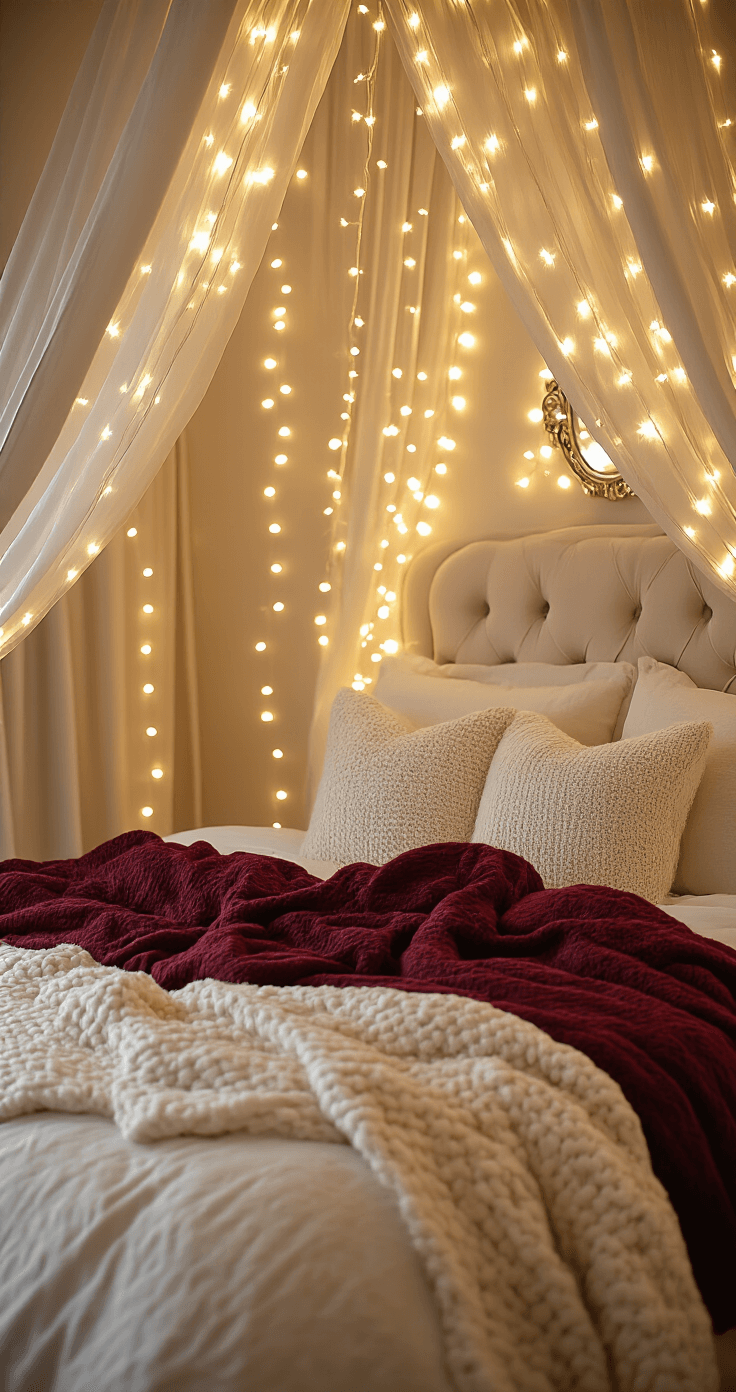 Boho Chic Christmas Bedroom with Ethereal Fairy Light Canopy — Christmas Fairy Lights Headboard