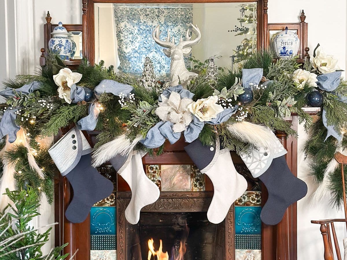 Festive Fireplace Mantel with Blue and White Stockings — Blue Christmas Decor