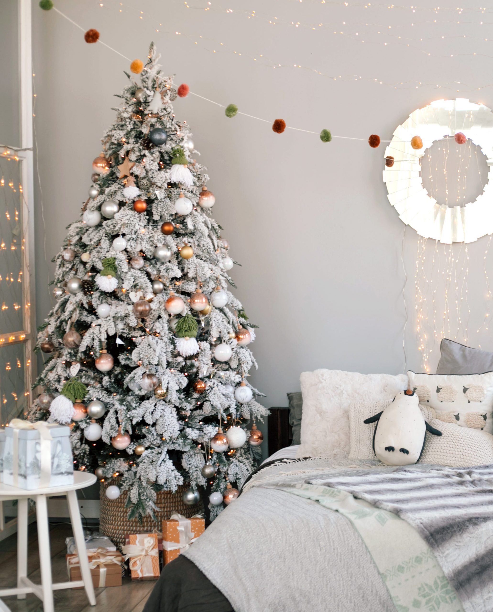 Modern Bedroom with a Flocked White Christmas Tree Sanctuary Modern Bedroom with a Flocked White Christmas Tree Sanctuary — White Christmas Decor