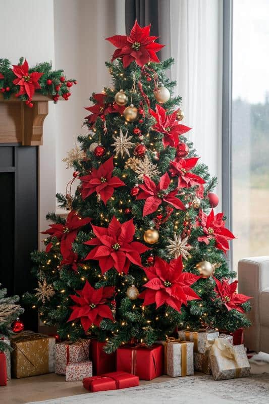 Modern Traditional Tree with Large Red Poinsettias — Red and Gold Christmas Tree
