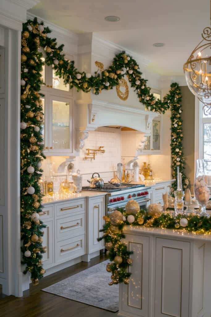 Lavish Evergreen Garlands in a Luxury Kitchen Lavish Evergreen Garlands in a Luxury Kitchen — Elegant Christmas Decor