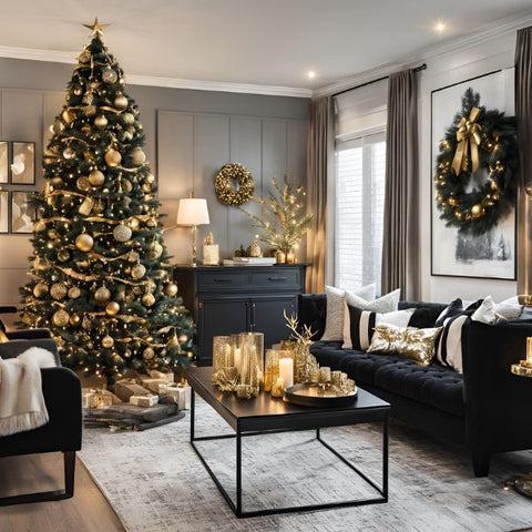 Glamorous Black Christmas Tree with Tufted Sofa and Gold Accents Glamorous Black Christmas Tree with Tufted Sofa and Gold Accents — Black and Gold Christmas Tree