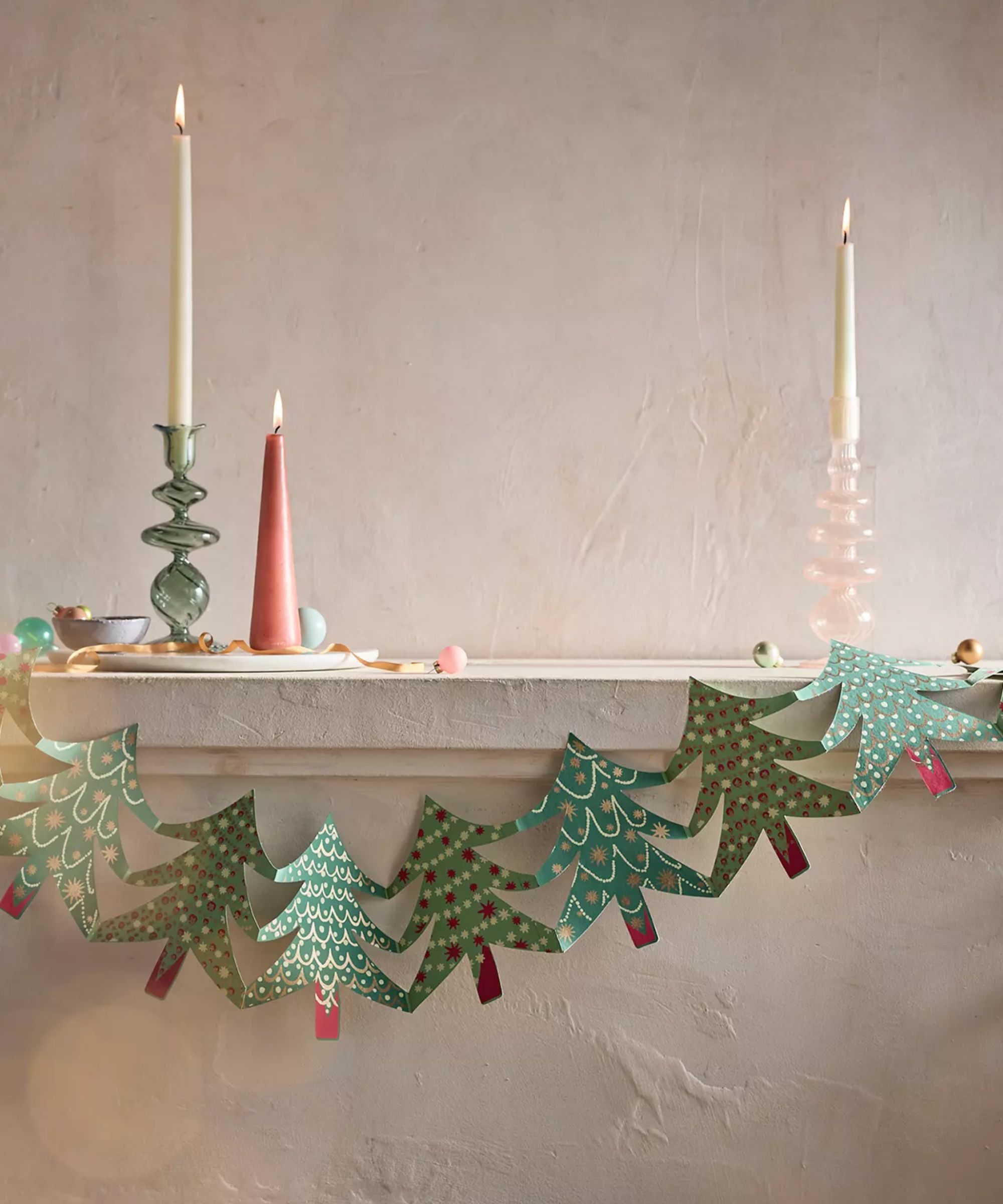 Whimsical Teal Paper Tree Garland on a Mantel Whimsical Teal Paper Tree Garland on a Mantel — Christmas Garland