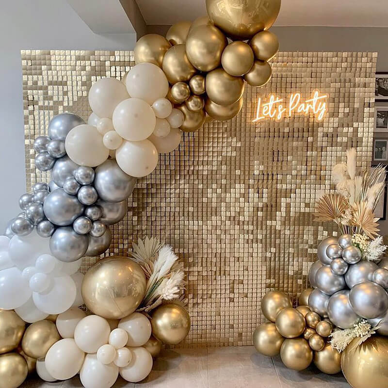 Glamorous Gold Sequin Wall with Neon 'Let's Party' Sign Glamorous Gold Sequin Wall with Neon 'Let's Party' Sign — Christmas Party Backdrop