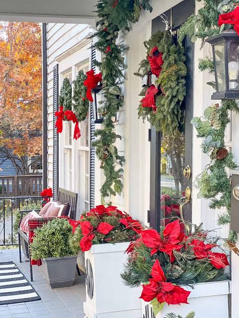 Vibrant Poinsettia Planters for a Festive Porch Entrance — Christmas Porch Decor