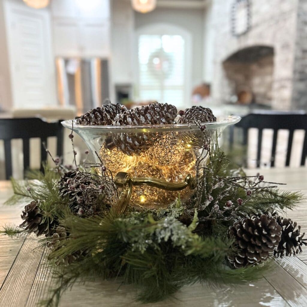 Rustic Fairy Light and Pinecone Centerpiece in a Glass Bowl Rustic Fairy Light and Pinecone Centerpiece in a Glass Bowl — Simple Christmas Centerpiece