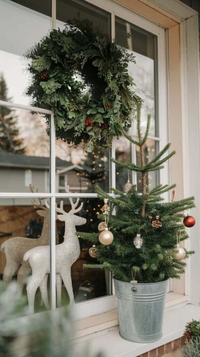 Large Evergreen Wreath Paired with a Small Decorated Pine Tree — Christmas Window Decor Outdoor