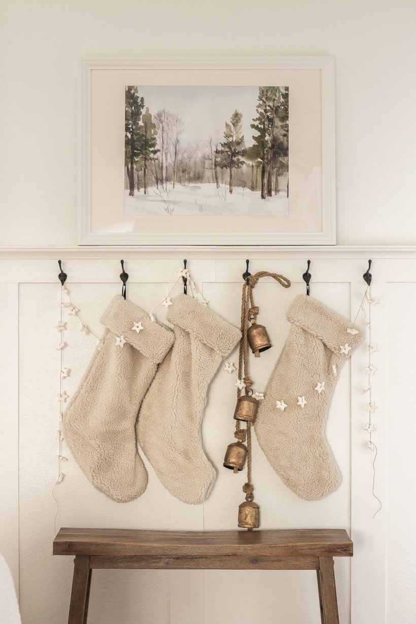 Cozy Sherpa Stockings Hung Above a Bench — Christmas Stockings Display