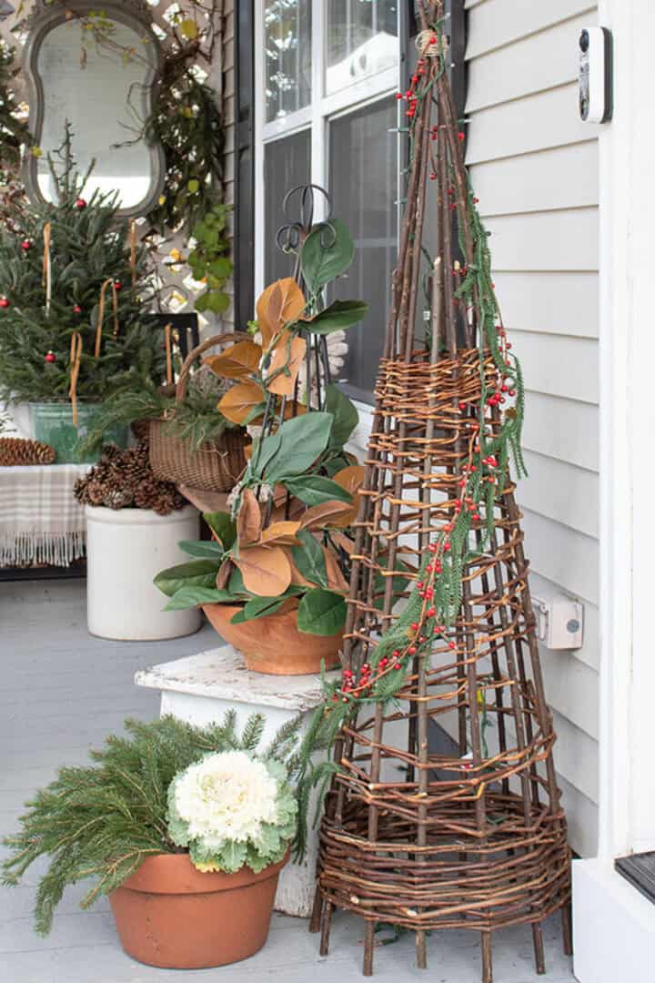 Rustic Terracotta and Wicker Planters with Winter Greens Rustic Terracotta and Wicker Planters with Winter Greens — Christmas Porch Planters