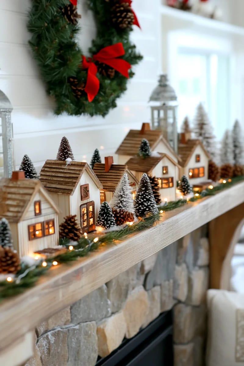 Cozy Farmhouse Christmas Village on Stone Mantel Cozy Farmhouse Christmas Village on Stone Mantel — Christmas Light Display Ideas