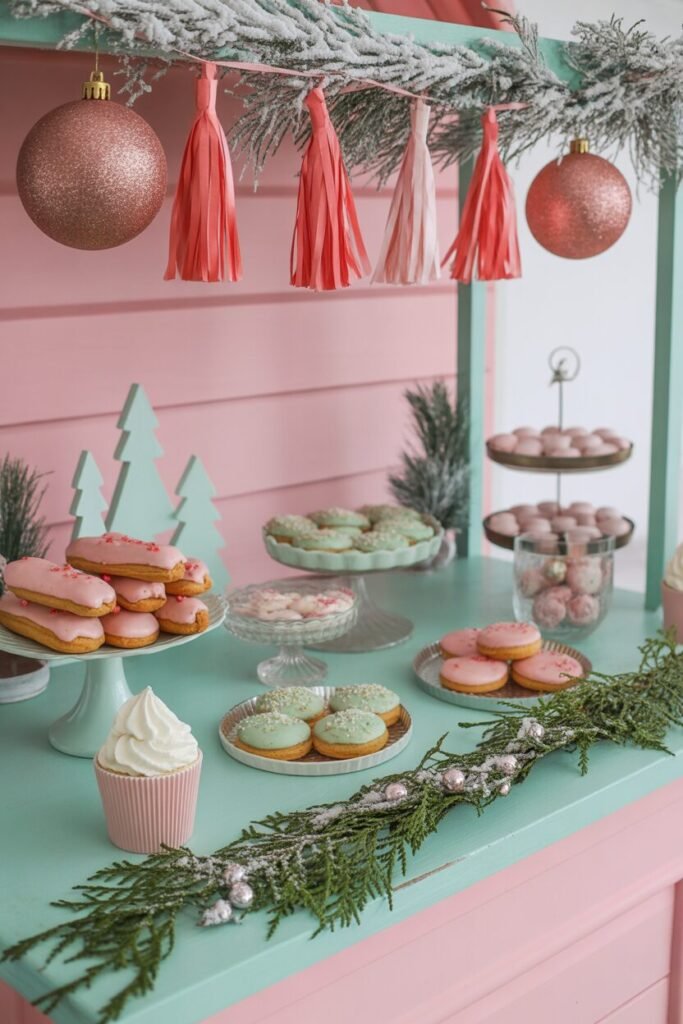 Pastel Whimsical Dessert Bar with Macaron Tower Pastel Whimsical Dessert Bar with Macaron Tower — Christmas Dessert Table