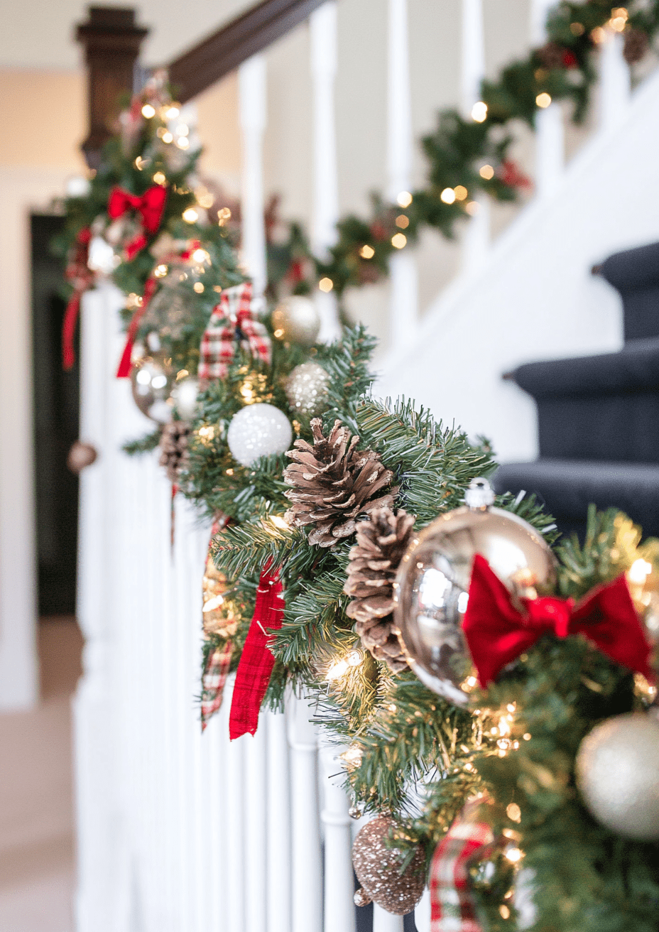 Close-up of Garland with Pinecones, Red Bows, and Fairy Lights Close-up of Garland with Pinecones, Red Bows, and Fairy Lights — Christmas Staircase Decor