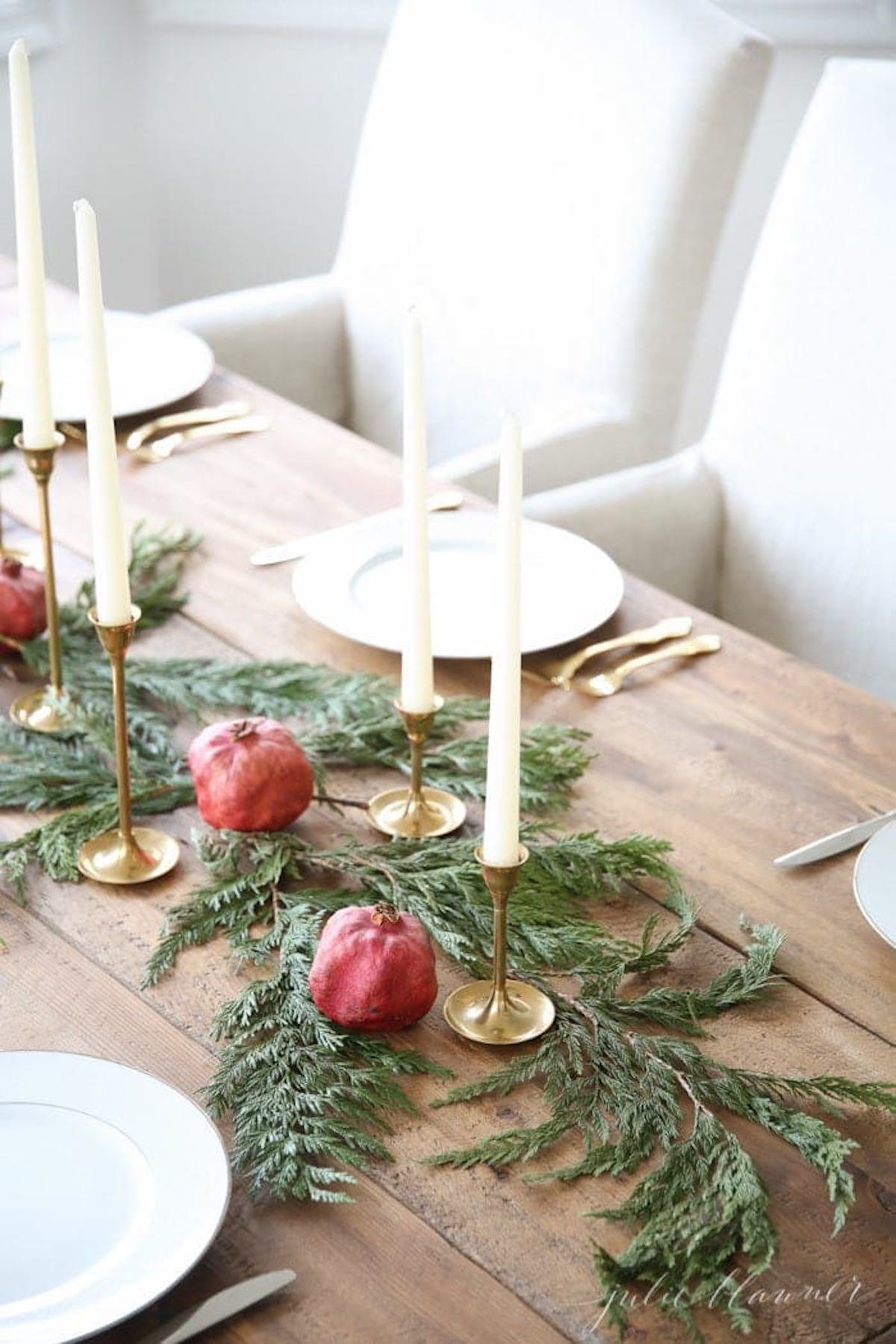 Modern Farmhouse Garland with Brass Candlesticks and Pomegranates Modern Farmhouse Garland with Brass Candlesticks and Pomegranates — Simple Christmas Centerpiece