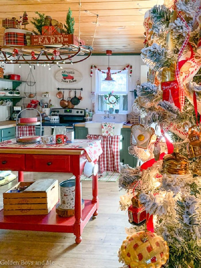 Farmhouse Kitchen Christmas Tree with Red Accents — Rustic Christmas Tree