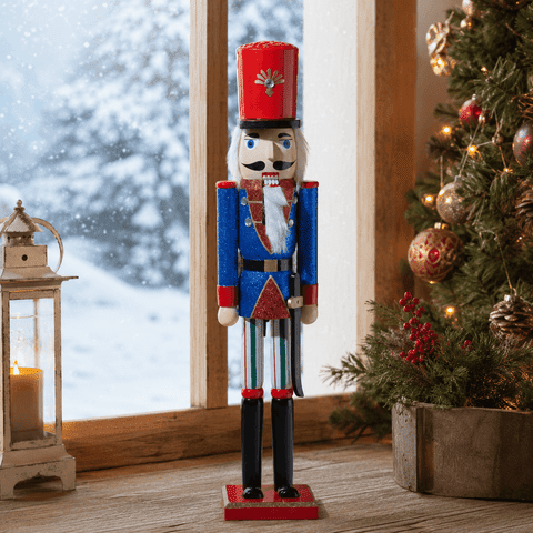 Sparkling Blue Nutcracker by a Window with Snowy View Sparkling Blue Nutcracker by a Window with Snowy View — Nutcracker Christmas Tree