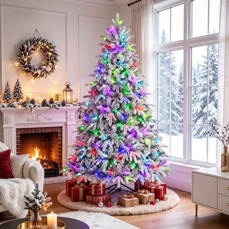 Cozy Living Room with a Flocked Christmas Tree and Fireplace Cozy Living Room with a Flocked Christmas Tree and Fireplace — Christmas Tree with Colored Lights