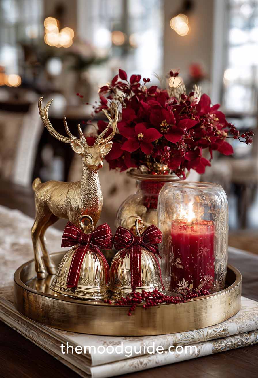Festive Christmas Centerpiece with Gold Reindeer and Red Flowers Festive Christmas Centerpiece with Gold Reindeer and Red Flowers — Red and Gold Christmas Decor